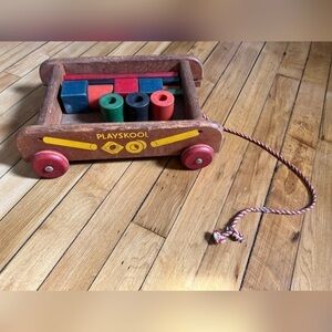 Vintage 1950s Playskool Toy Wagon Pull Cart Learning Toy wooden blocks